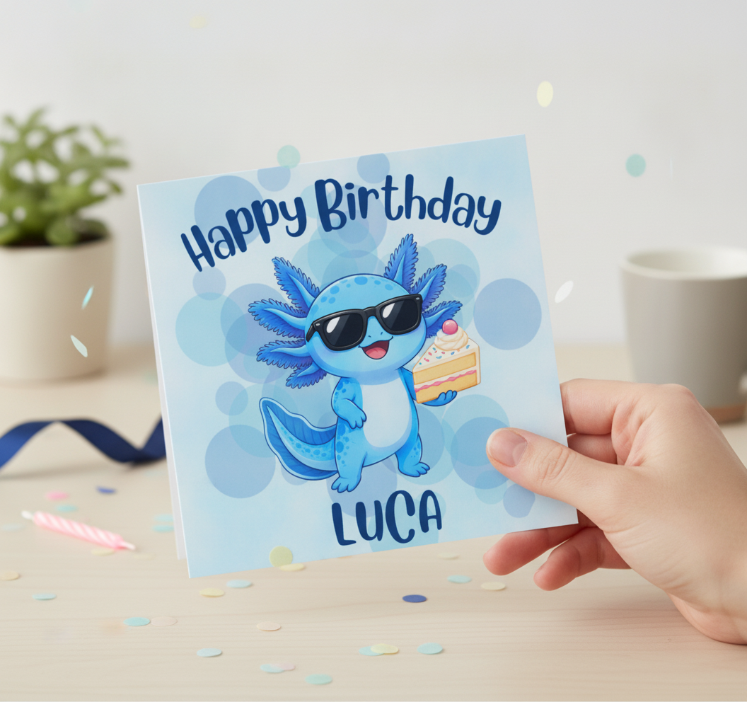 Personalised Blue Axolotl Birthday Card with Cake – Square & Cute