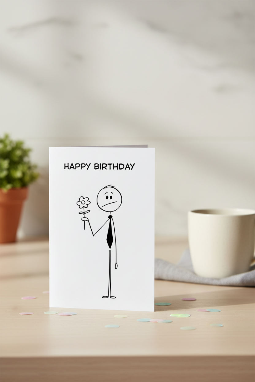 Funny Stick Figure Birthday Card | Minimalist Humour A5, A6 & Square