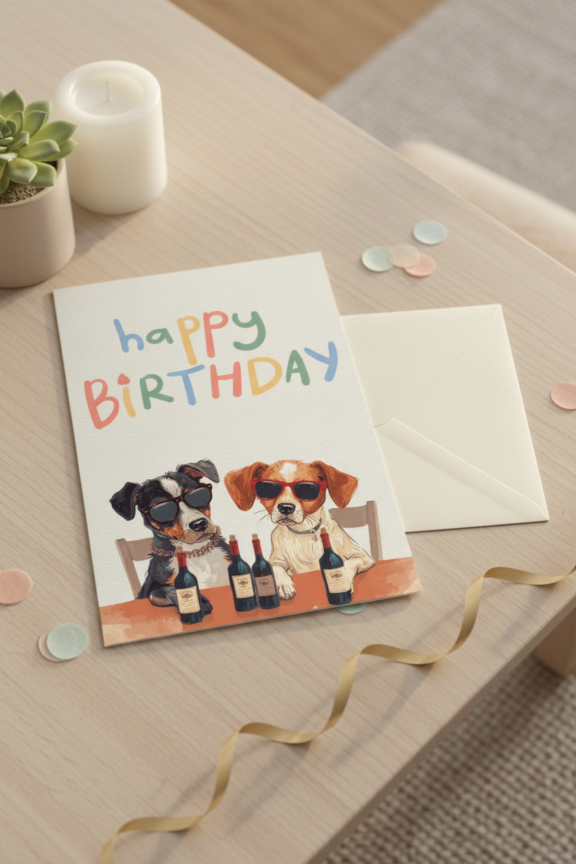 Funny Dog Birthday Card | Wine & Dogs Happy Birthday