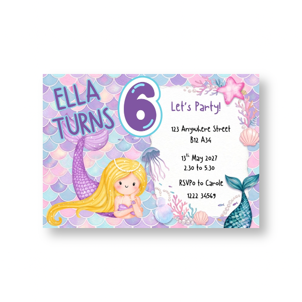 Mermaid Theme Kids Party Invitations