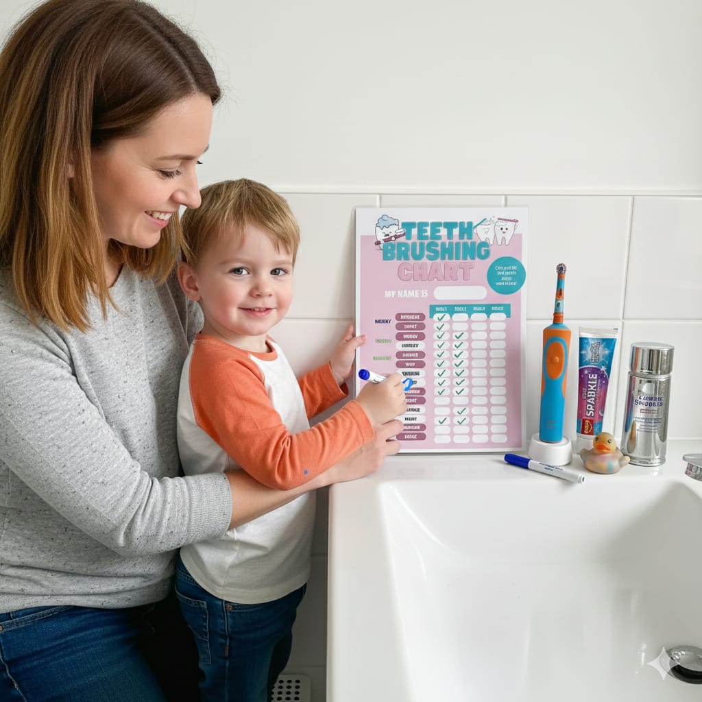 Kids Teeth Brushing Chart A5 – Laminated Reward Chart with Pen | Pink or Blue