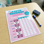 Kids Teeth Brushing Chart A5 – Laminated Reward Chart with Pen | Pink or Blue