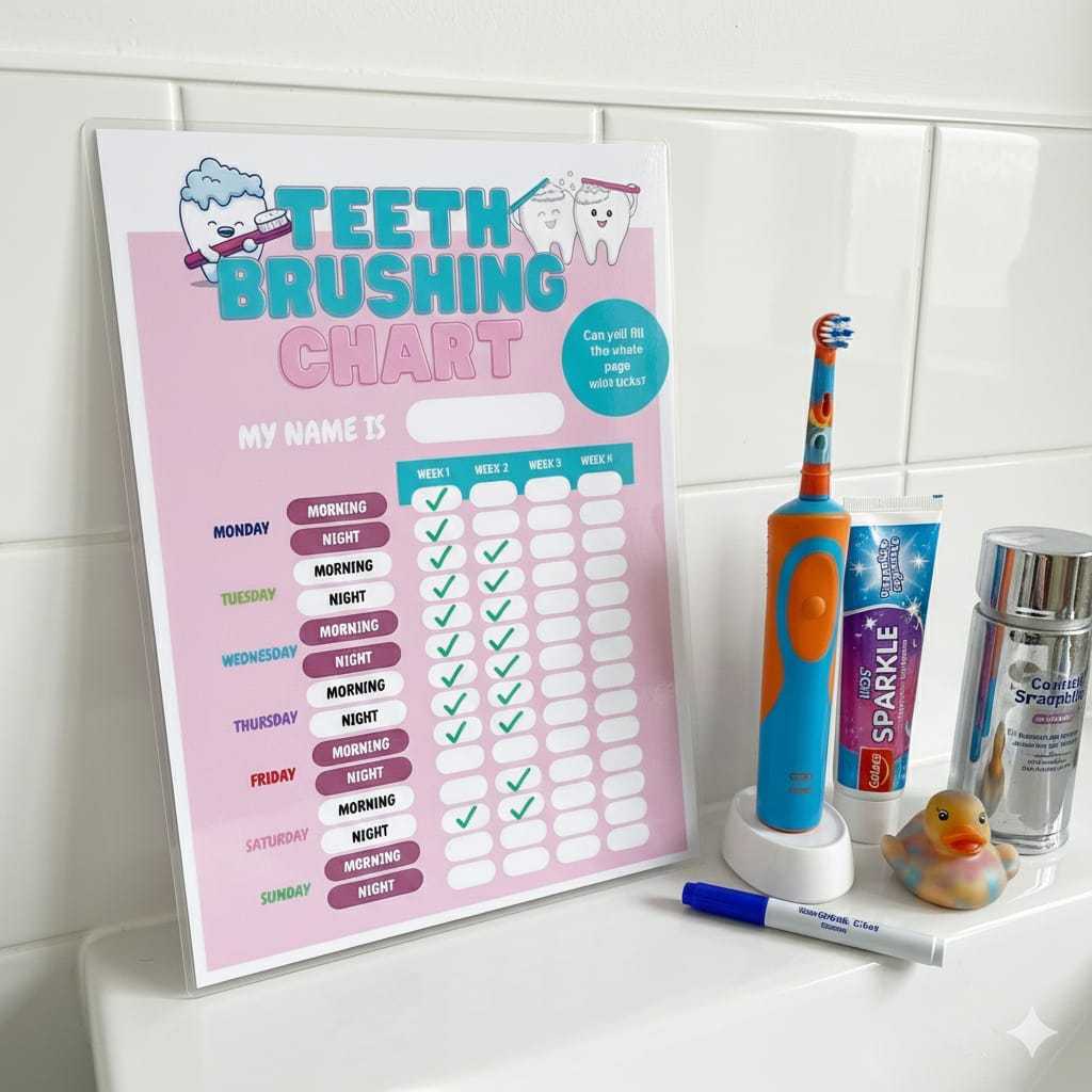 Kids Teeth Brushing Chart A5 – Laminated Reward Chart with Pen | Pink or Blue