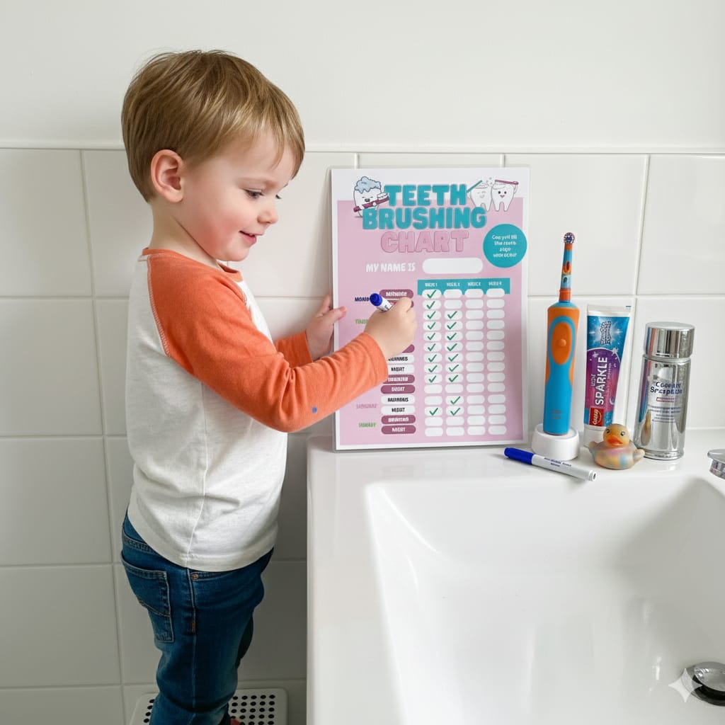 Kids Teeth Brushing Chart A5 – Laminated Reward Chart with Pen | Pink or Blue