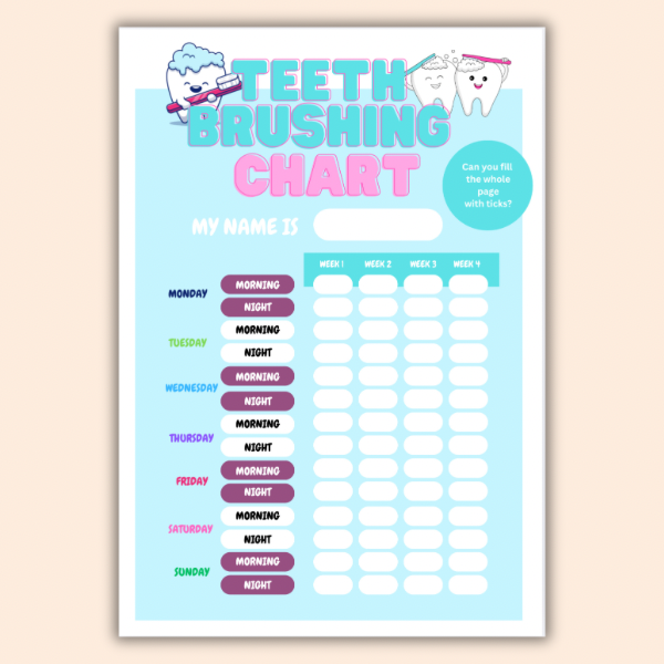 Kids Teeth Brushing Chart A5 – Laminated Reward Chart with Pen | Pink or Blue