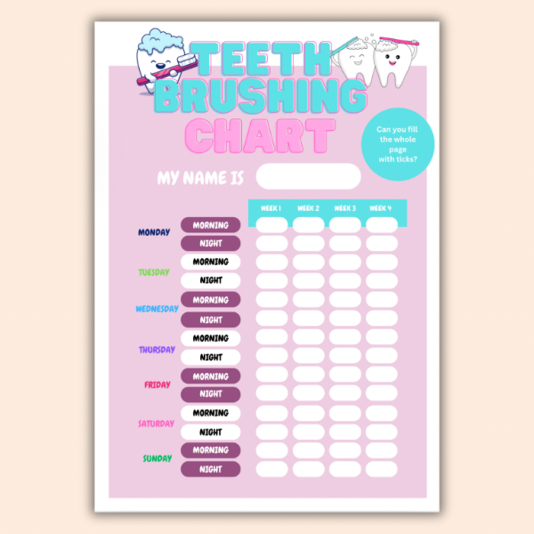 Kids Teeth Brushing Chart A5 – Laminated Reward Chart with Pen | Pink or Blue