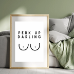 Framed print with 'Perk Up Darling' text on a wall in a room with a couch and green blanket.