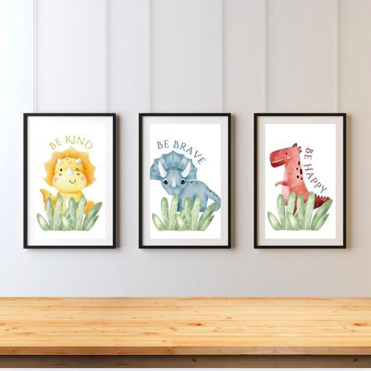 Be Kind, Be Happy, Be Brave Dino Prints Set of 3 Nursery Prints