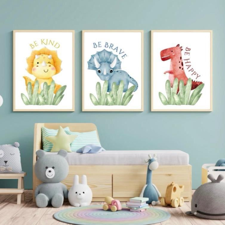 Be Kind, Be Happy, Be Brave Dino Prints Set of 3 Nursery Prints