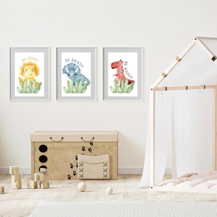 Be Kind, Be Happy, Be Brave Dino Prints Set of 3 Nursery Prints