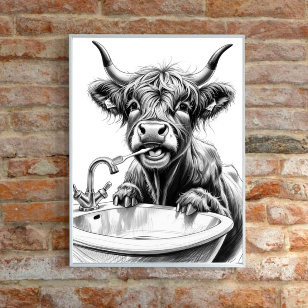 Highland Cow Brushing His Teeth Print