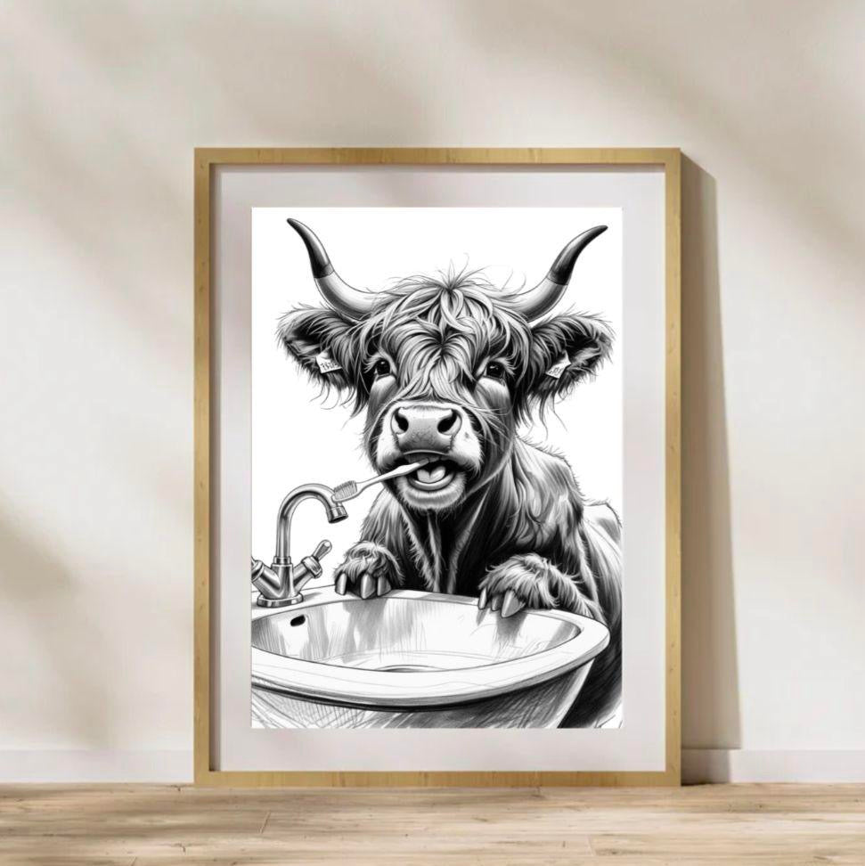 Highland Cow Brushing His Teeth Print