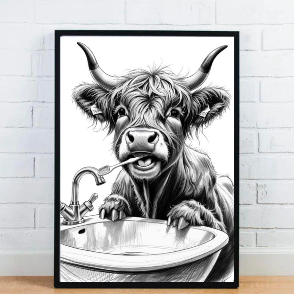 Highland Cow Brushing His Teeth Print
