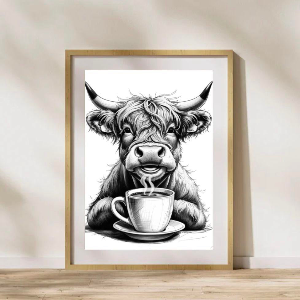 Highland Cow Drinking Coffee