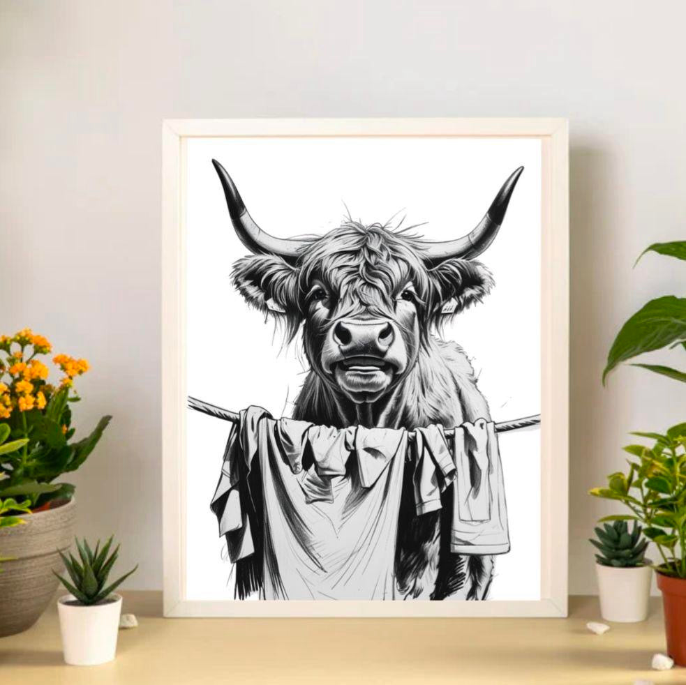 Highland Cow Sorting The Laundy