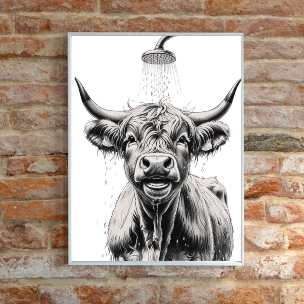 Highland Cow Taking A Shower Print