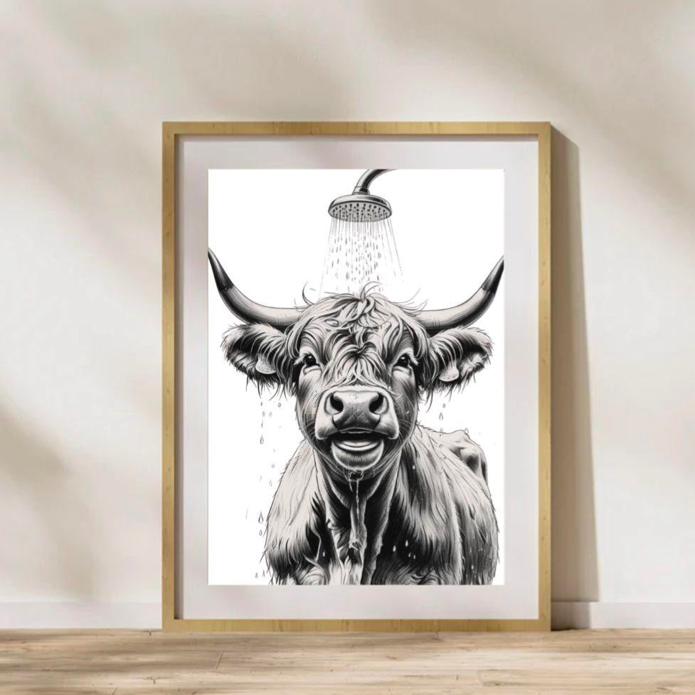 Highland Cow Taking A Shower Print
