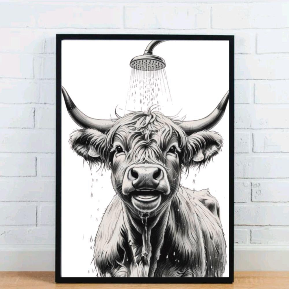 Highland Cow Taking A Shower Print
