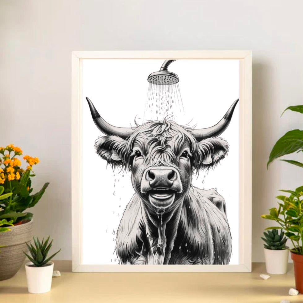 Highland Cow Taking A Shower Print