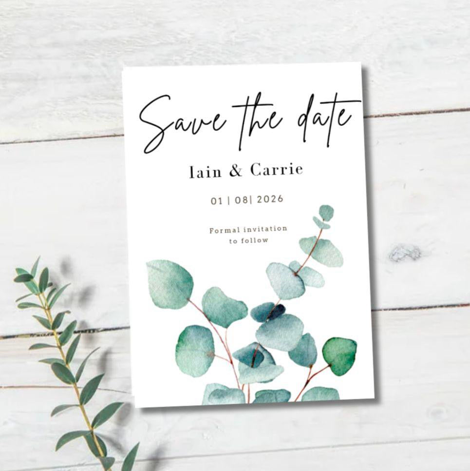 Save the Date Card - White or Ivory - Sage Leaf Design - A6 Size - With Envelopes