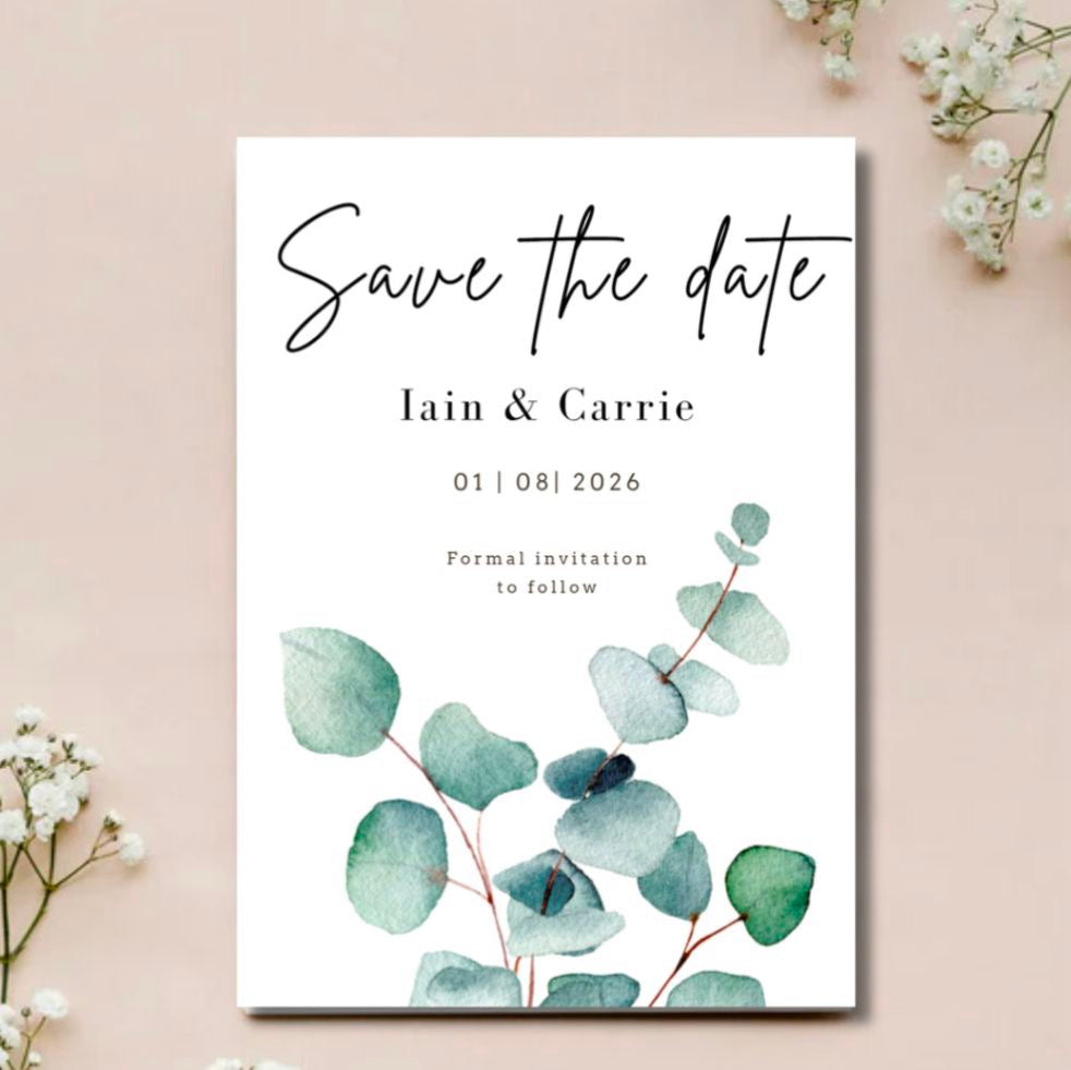 Save the Date Card - White or Ivory - Sage Leaf Design - A6 Size - With Envelopes