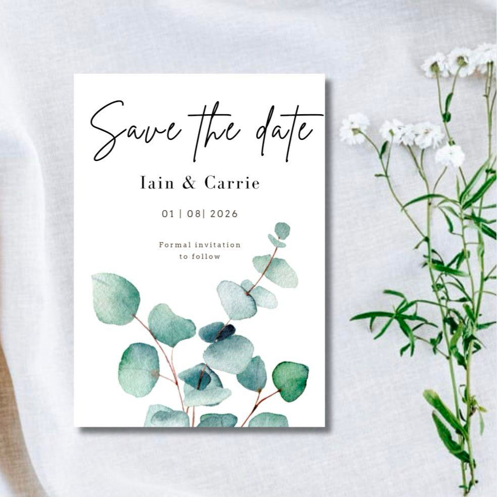 Save the Date Card - White or Ivory - Sage Leaf Design - A6 Size - With Envelopes