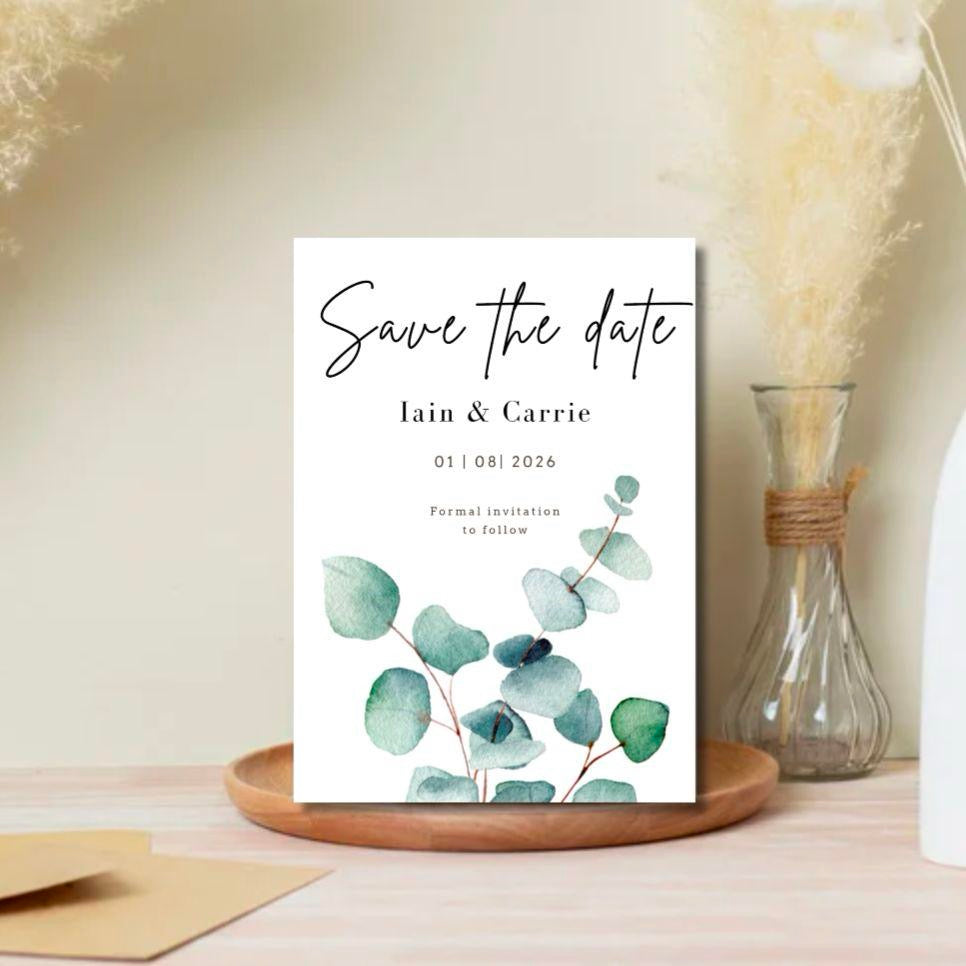 Save the Date Card - White or Ivory - Sage Leaf Design - A6 Size - With Envelopes