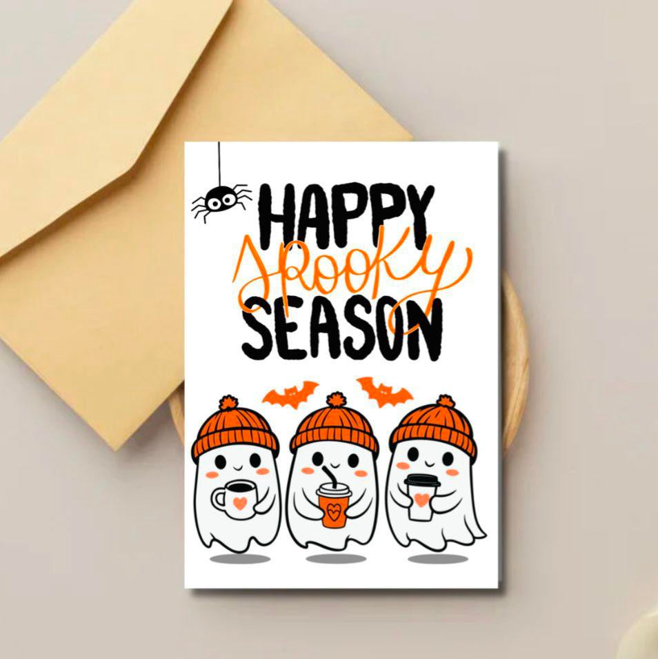 Happy Spooky Season Halloween Card – Cute Ghosts with Pumpkin Spice