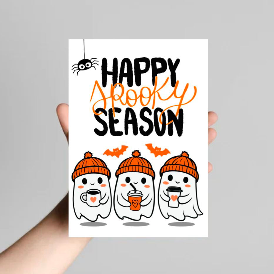 Happy Spooky Season Halloween Card – Cute Ghosts with Pumpkin Spice