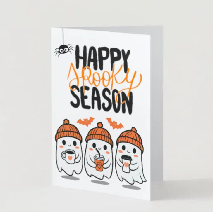 Happy Spooky Season Halloween Card – Cute Ghosts with Pumpkin Spice