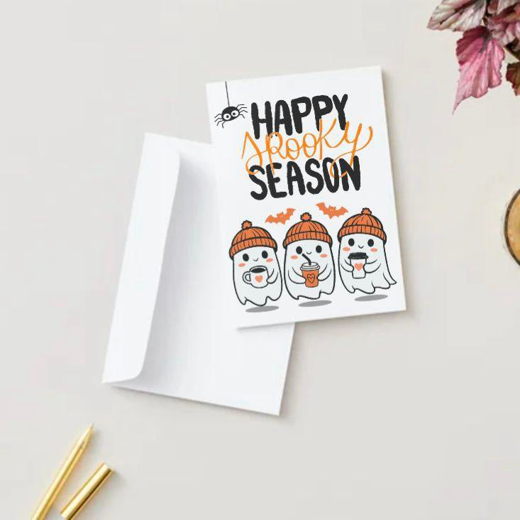 Happy Spooky Season Halloween Card – Cute Ghosts with Pumpkin Spice