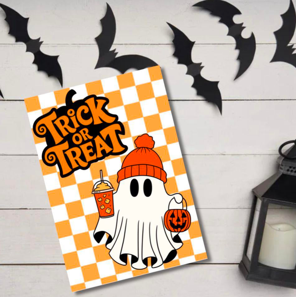 Trick or Treat Halloween Card – Cute Ghost with Pumpkin