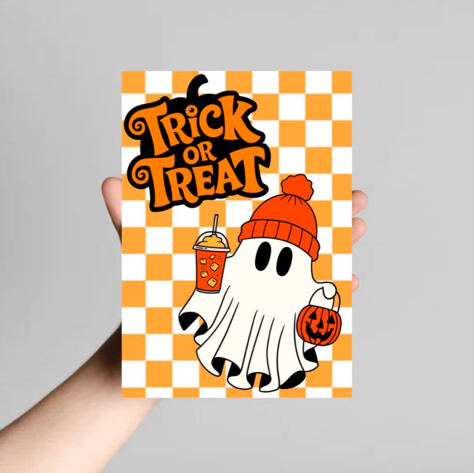 Trick or Treat Halloween Card – Cute Ghost with Pumpkin