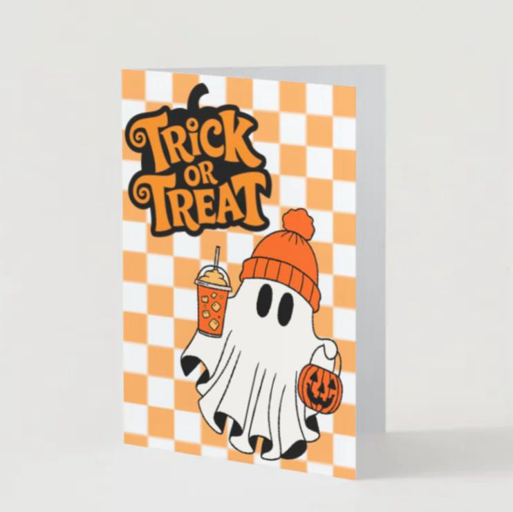 Trick or Treat Halloween Card – Cute Ghost with Pumpkin