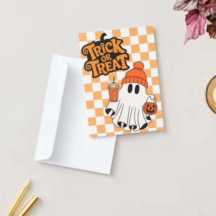 Trick or Treat Halloween Card – Cute Ghost with Pumpkin