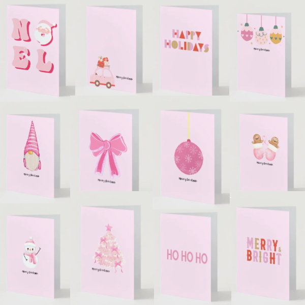 Pack of 12 Pink Christmas Cards