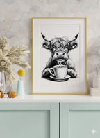Highland Cow Drinking Coffee