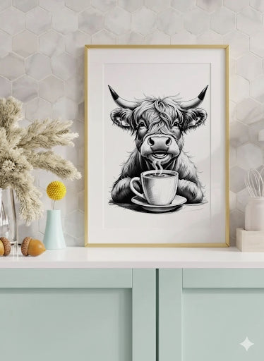 Highland Cow Drinking Coffee