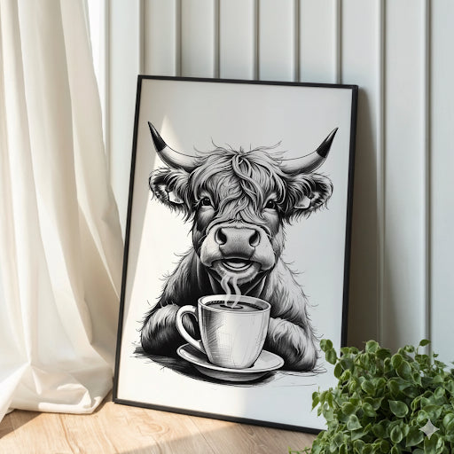 Highland Cow Drinking Coffee