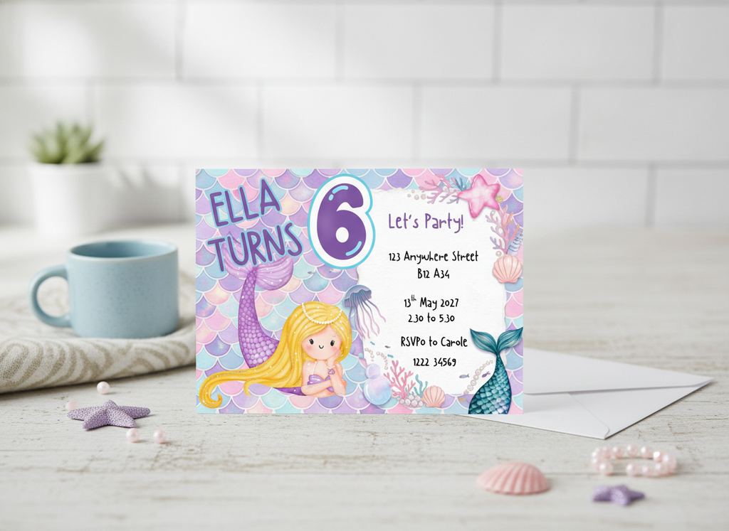 Mermaid Theme Kids Party Invitations A6 – Splash-tastic Fun!