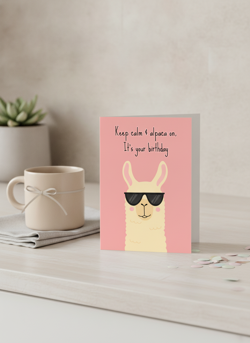 Keep Calm & Alpaca On Birthday Card - A5 Humour for Friends & Family
