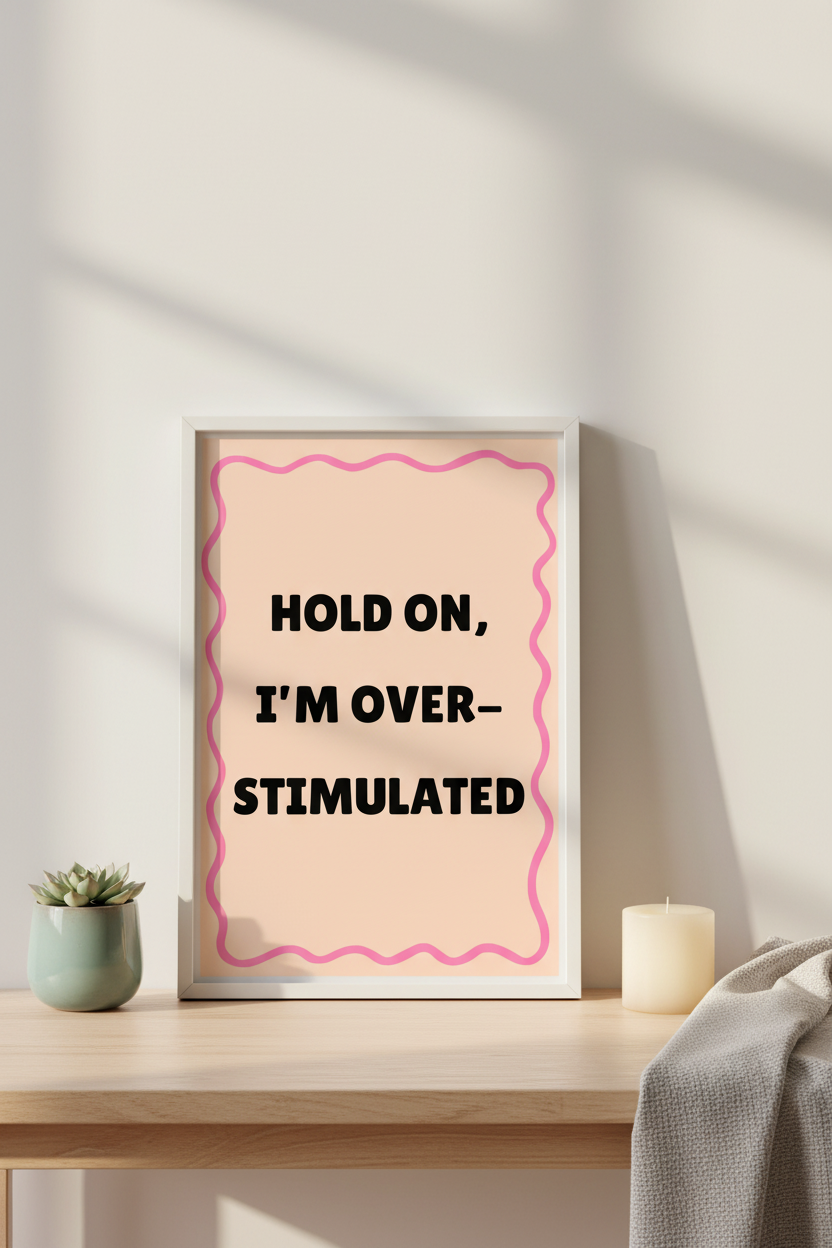 Hold On, I’m Overstimulated A4 Typographic Art Print – For Life's Louder Moments