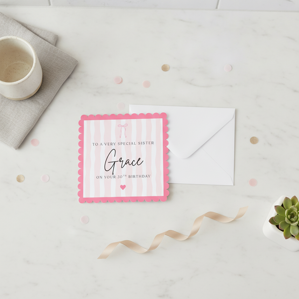 Personalised Pink Bow 30th Birthday Card - Chic Square Design for Her