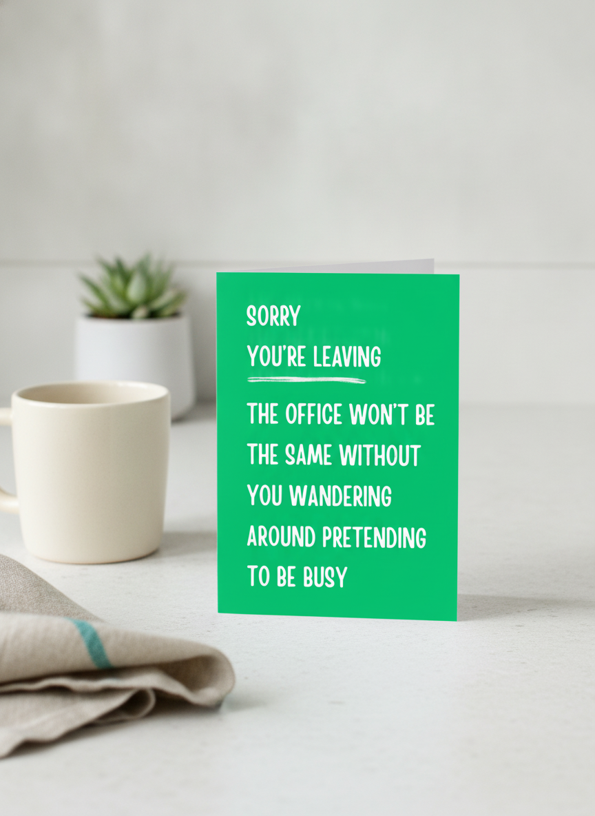 Funny 'Sorry You're Leaving' Card for Workmates - A5 Leaver's Gag
