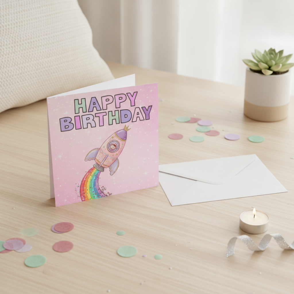 Pink Space Rocket Birthday Card - Square Card for Any Age