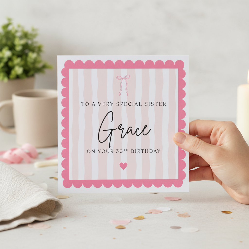 Personalised Pink Bow 30th Birthday Card - Chic Square Design for Her