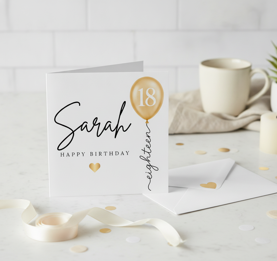 Personalised 18th Birthday Card with Gold Balloon Design - Square