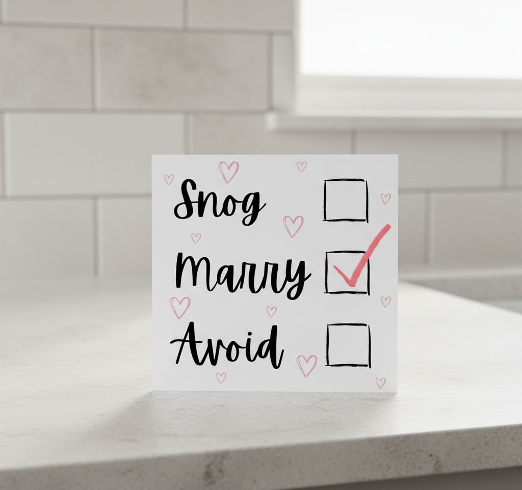 Funny Engagement Card – Snog Marry Avoid (Marry Ticked) | Square Card