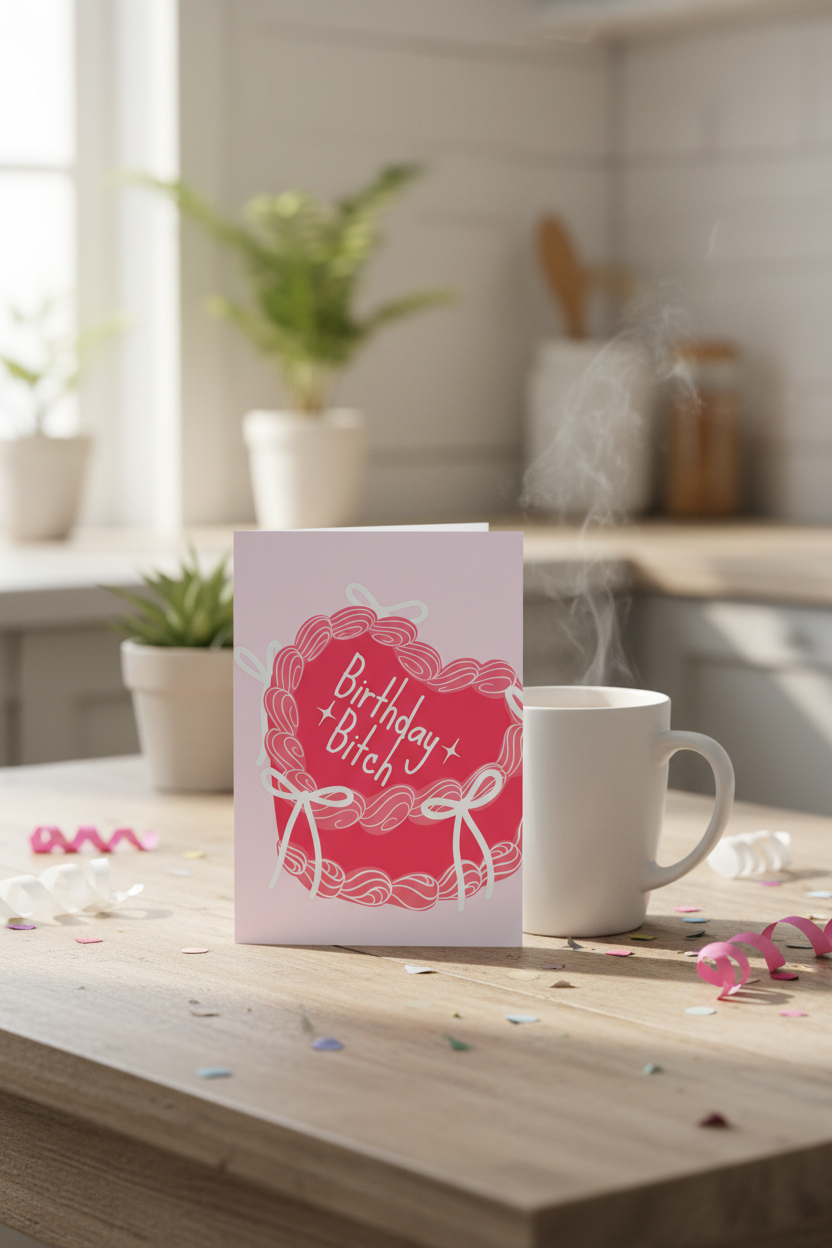 Funny Rude Birthday Card – “Birthday Bitch” Pink Cake Design