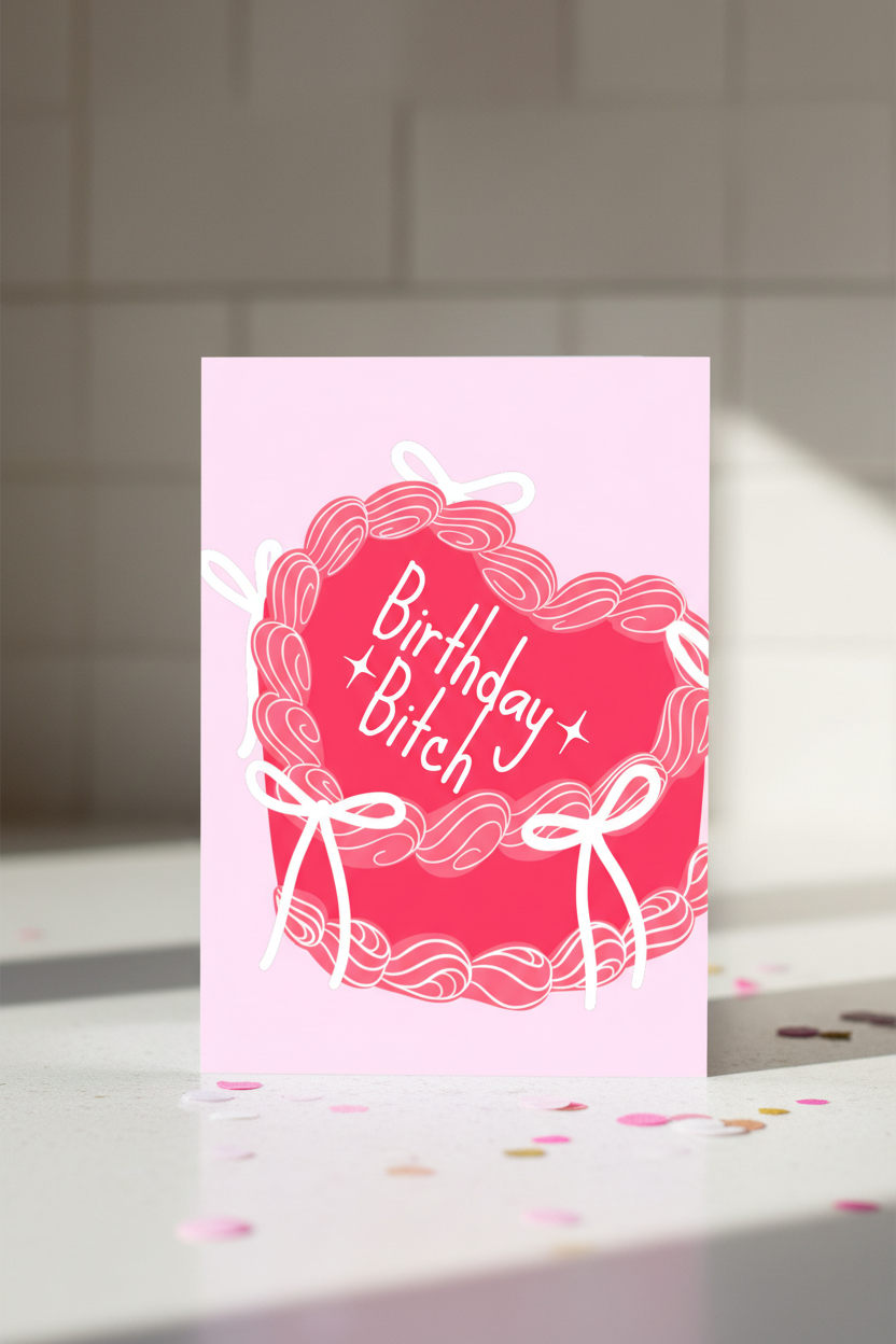 Funny Rude Birthday Card – “Birthday Bitch” Pink Cake Design